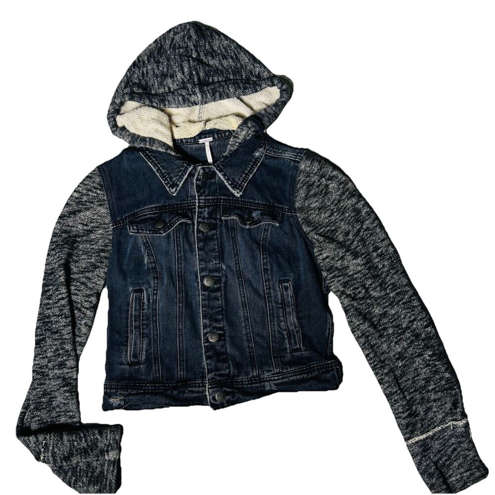 Free People Knit Hooded Denim Jacket Womens Distressed Gray Sweater Sleeves S